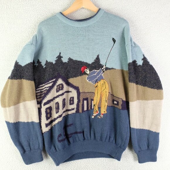 Vintage Other - Vintage Sweater Mens Medium Blue Graphic Golf Geometric Knit Crew Oversized